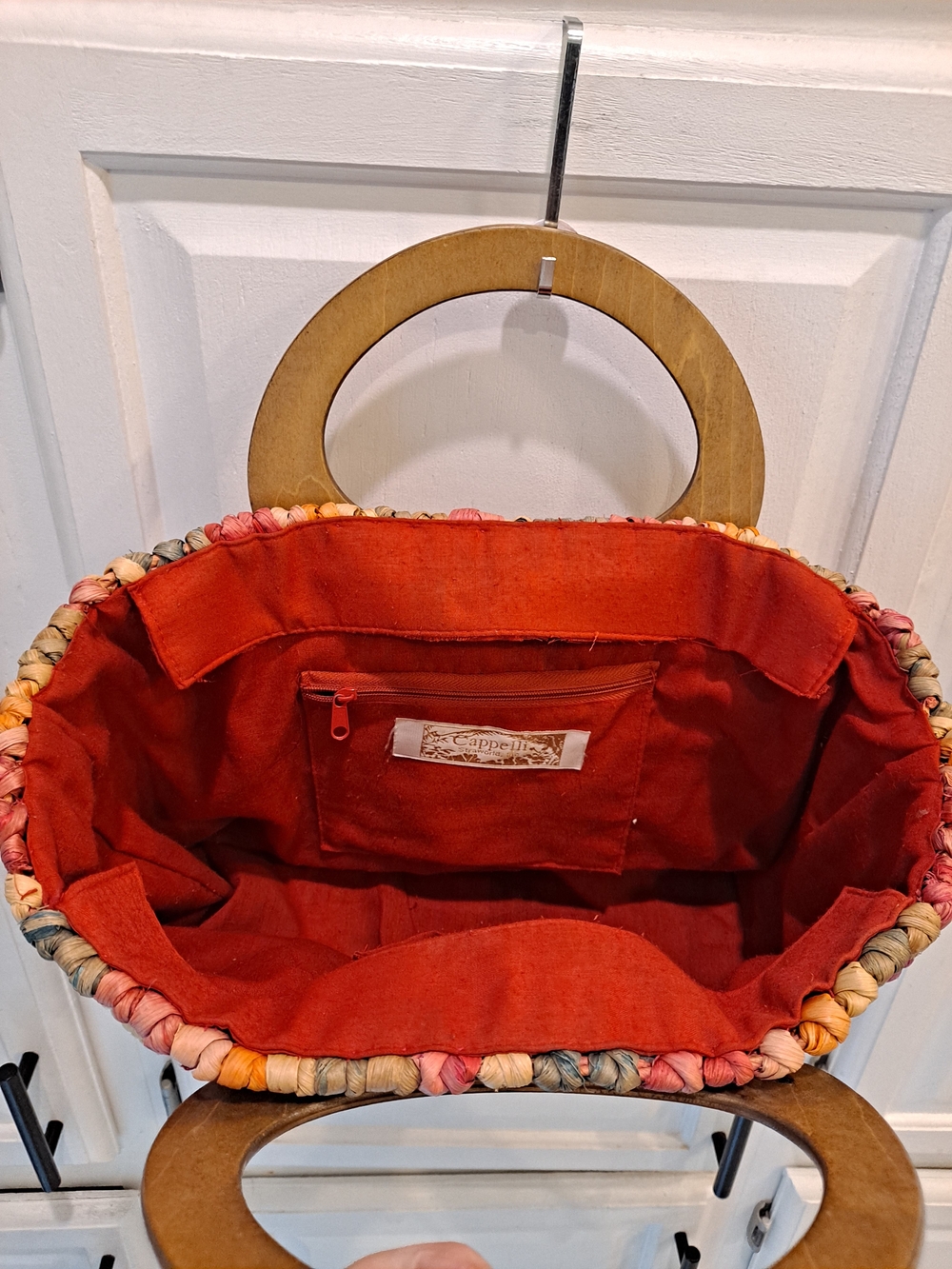 Cappelli Straworld Rainbow Braided Straw Tote w/Wooden Oval Handles Vintage Boho - Picture 7 of 10